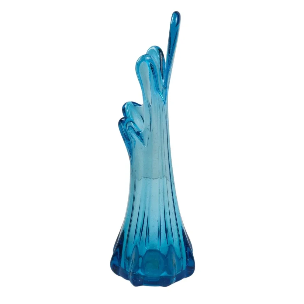 Vintage 60s Art Glass 5 Finger Swung Vase MCM Hand Blown Blue 9